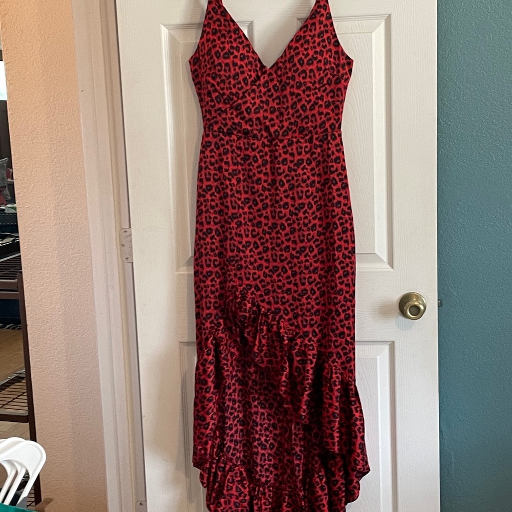 Miss Ord red leopard satin asymmetrical hem dress